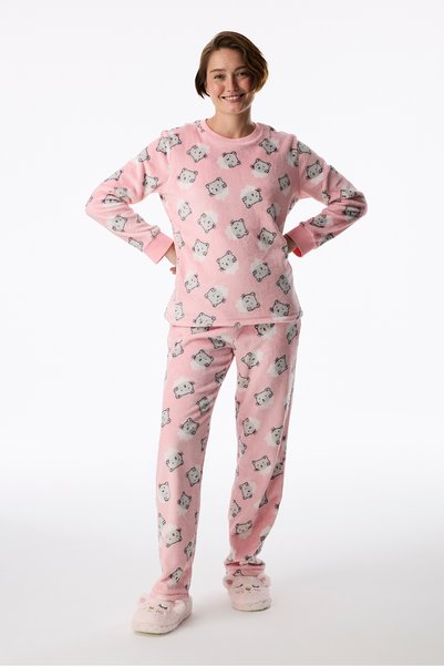 Penti Pembe Cute Cat Fluffy Kedi Desenli Pantolon Uzun Kollu Pijama Takımı