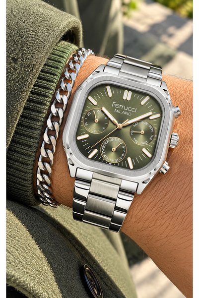 Ferrucci FUNCTIONS - ACTIVE - SILVER-COLORED STEEL STRAP - GREEN DIAL - MEN'S...