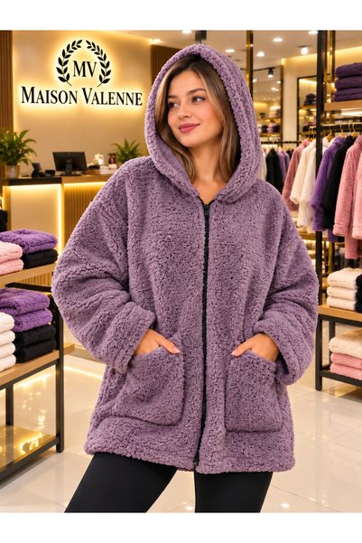 maisonvalenne Kadın Mor Oversize Teddy Peluş Mont Kapüşonlu Fermuarlı Cepli K...