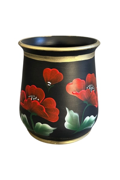 Ceramica Martinescu Vaza ceramica neagra, 20 cm, pictata manual, maci rosii, ...