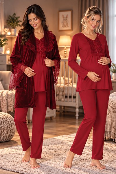 by İGP Effortt Adjustable Velvet Maternity and Postpartum Pajama Set with Robe