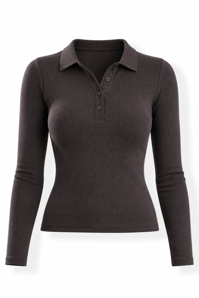 5in1Canpolat Brown Polo Collar Corded Fabric Long-Sleeve T-Shirt 17022
