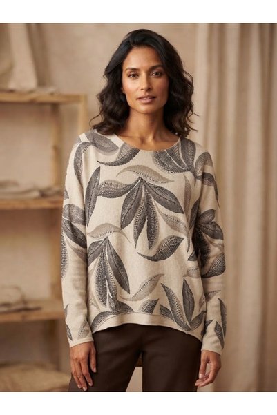 AYASOFYA OTANTIK Women's Italian Boat Neck Leaf-Patterned Long-Sleeved Knit B...