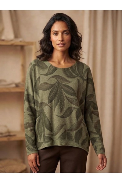 AYASOFYA OTANTIK Women's Italian Boat Neck Leaf-Patterned Long-Sleeved Knit B...