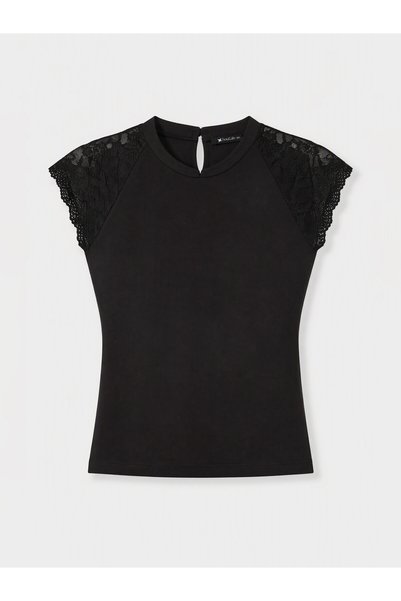 LC Waikiki Soulife Black Jersey Short-Sleeve Women's Blouse with a Mock Neck—...