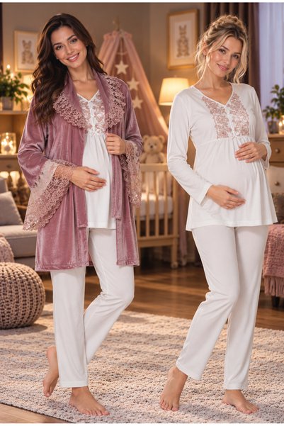 by İGP Effortt Adjustable Velvet Maternity and Postpartum Pajama Set with Robe