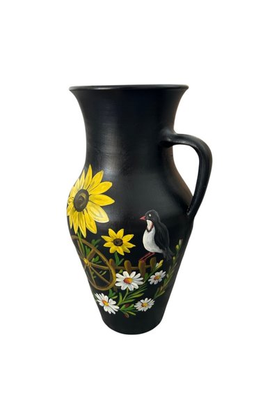 Ceramica Martinescu Ulcior ceramic negru, pictat manual, model rustic cu floa...