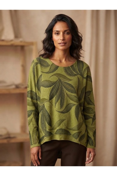 AYASOFYA OTANTIK Women's Italian Boat Neck Leaf-Patterned Long-Sleeved Knit B...