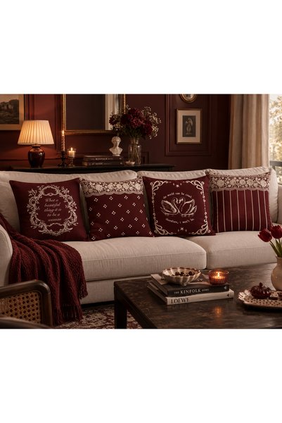 ROOMEA Vintage Romance Bordo 4'lü Dekoratif Kırlent Kılıfı Seti – Dantel Dese...