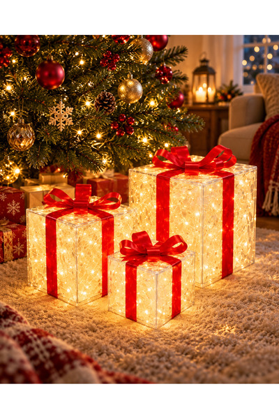 OEM Set 3 cutii de Crăciun luminoase, 15/20/25 cm, baterii și USB, alb cald