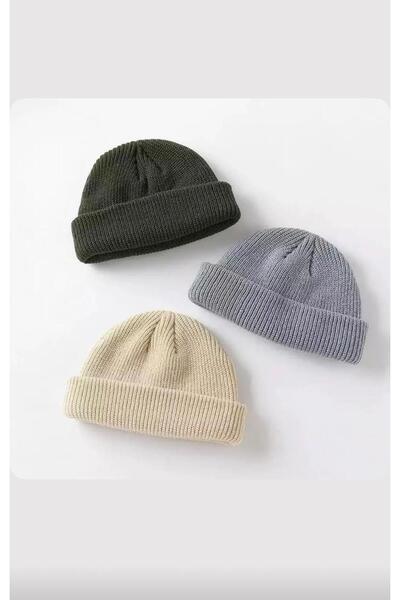 TNR SPORT Unisex Foldable Anthracite-Gray-Cream 3-Piece Beanie Set
