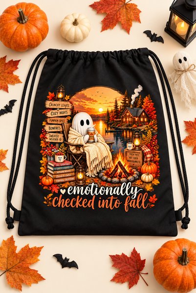 KRAFTELLA Halloween Ghost-Printed Black Drawstring Canvas Backpack, Unisex, 4...