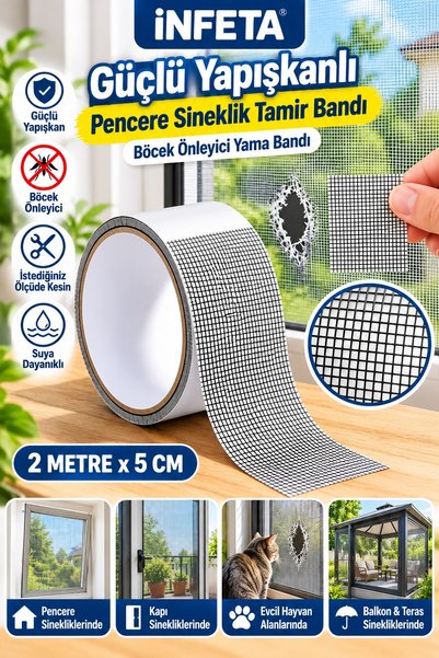 İnfeta 5 cm x 2 Meters Black Strong-Adhesive Fly Screen Repair Tape, Window S...