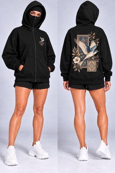 HAI COLLECTİON Black Oversized Zip-Up Hooded Cardigan with Bird Print, Unisex...