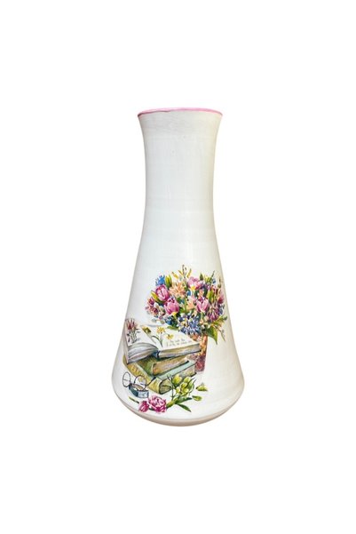 Ceramica Martinescu Vaza ceramica alba, silueta eleganta, decorata manual, fl...