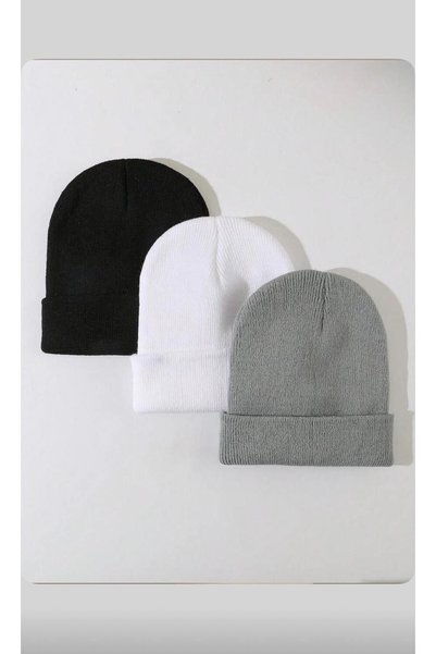TNR SPORT Unisex Foldable Black-White-Gray 3-Piece Beanie Set