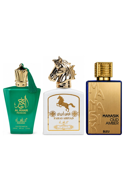 MANASIK Set 3 parfumuri Manasik, Al Baraka Pistachio + Faras Abiyad + Oud Amb...