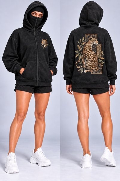 HAI COLLECTİON Unisex Oversized Zip-Up Hoodie with Black Leopard Print