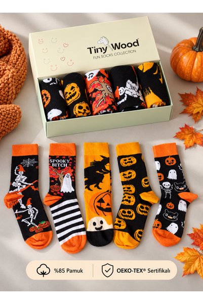 tiny wood Halloween-Themed 5-Pack Unisex Socks Set, 85% Cotton, Oeko-Tex Cert...