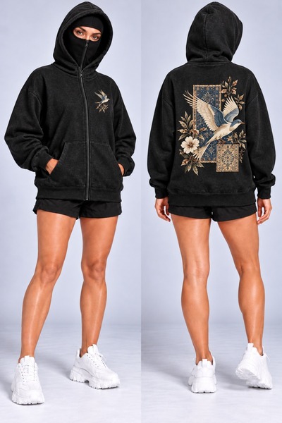 HAI COLLECTİON Black Oversized Zip-Up Hooded Cardigan with Bird Print, Unisex...