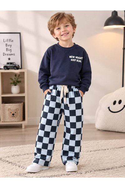 babymoon kids Boys' Set: Sweatshirt with Printed Design and Checkered Pants, ...