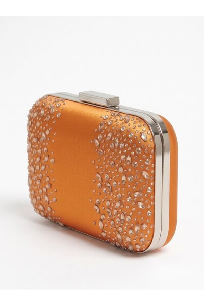 Biçanta Orange Satin Clutch Bag Embellished with Stones and Featuring a Metal...