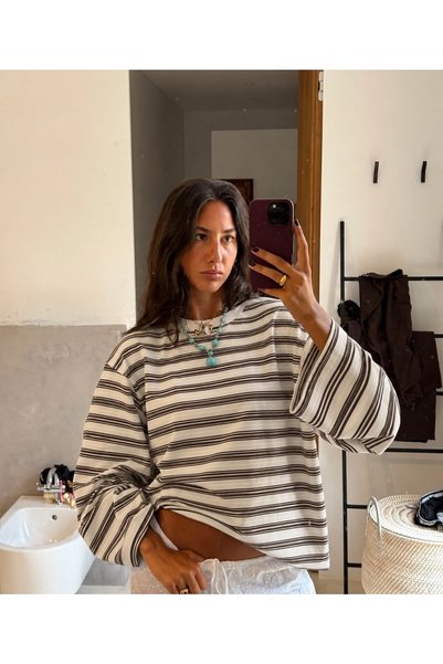 Ekru Çizgili %100 Pamuk Oversize Uzun Kollu Tişört E26-BS02
