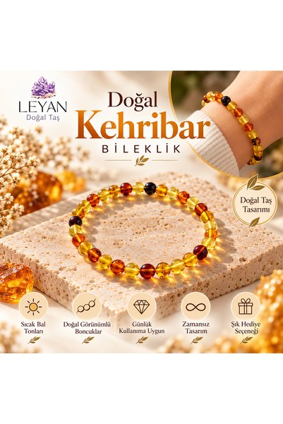 Leyandoğaltaş سوار من الكهرمان للبالغين – تصميم خرز باللونين الأصفر والعسلي.
