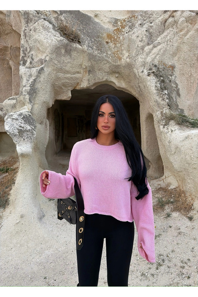 kırmızı butiks Pulover basic cu decolteu rotund la baza gâtului de la Pembe Pera