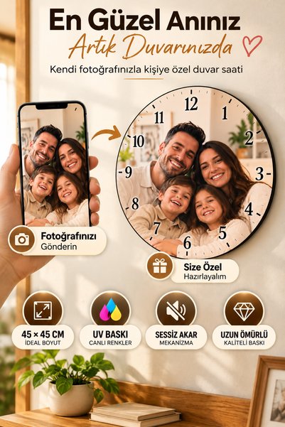 AA Shop Kişiye Özel Fotoğraflı Duvar Saati 45cm UV Baskılı Sessiz Mekanizmalı...