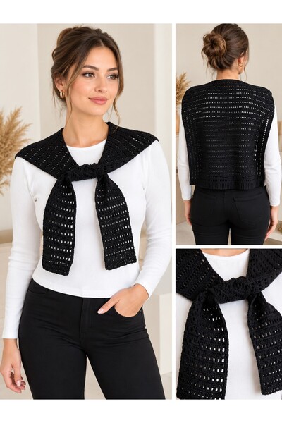Generic Brand Women's Hand-Knitted Black Sleeveless Vest-Shawl Style