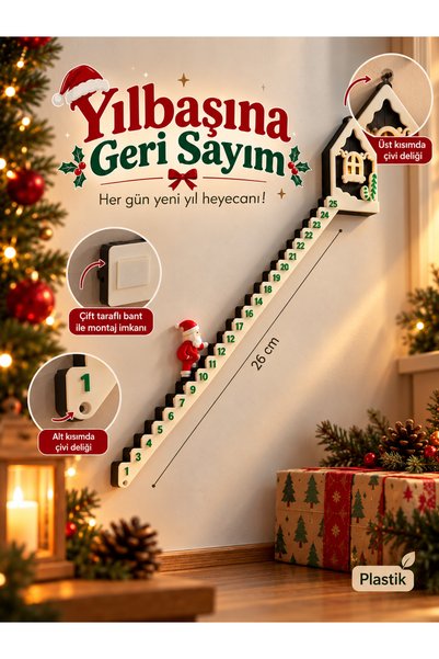 Filkorium3D Yılbaşı Geri Sayım Takvimi Noel Advent Takvimi Merdiven Tasarımlı Noel Baba Figürlü 25 Günlük Yeni Yıl Dekoru Duvar Süsü Plastik 3D Yazıcı Ürünü