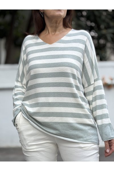 DenizEge Pulover din lână italiană de angora, cu dungi, verde mentă