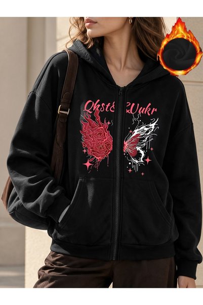 ZAVEN Kadın Kırmızı Gotik Tribal Ön ve Kol Baskılı Fermuarlı Siyah Oversize Kapüşonlu Sweatshirt