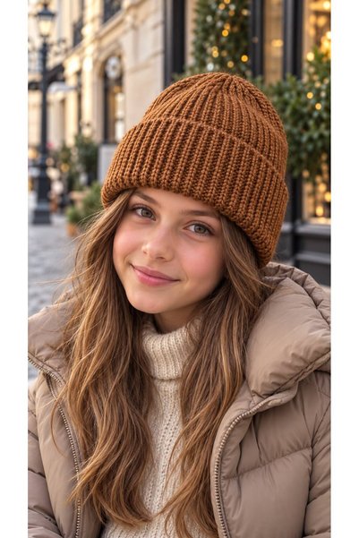 FELLMENS Coffee-Colored Soft-Textured Corded Fabric Knit Girl's Beanie, Ages ...