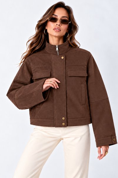 PRİFALDİ AGLİMMER Women's Light Brown Cropped Suede Jacket with Snap-Fastened...
