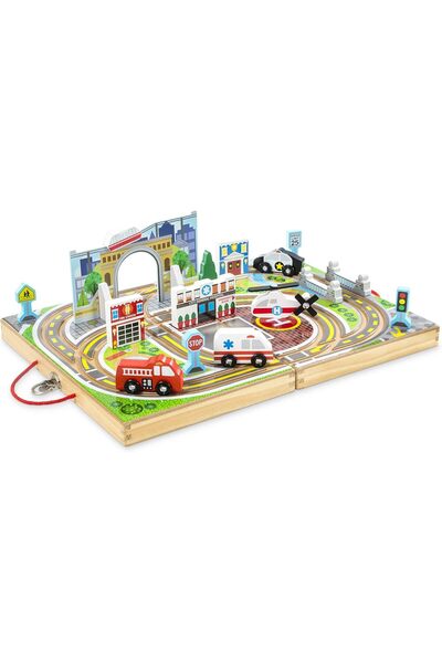 Melissa & Doug 18-Piece Wooden Take-Along Tabletop Town, 4 Rescue Vehicles, P...