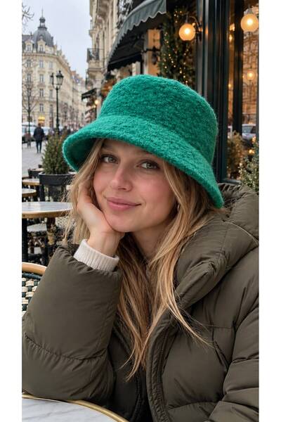 HAZAL KAYA ATELIER Green Lux Soft-Textured Felt Bucket Hat for Women