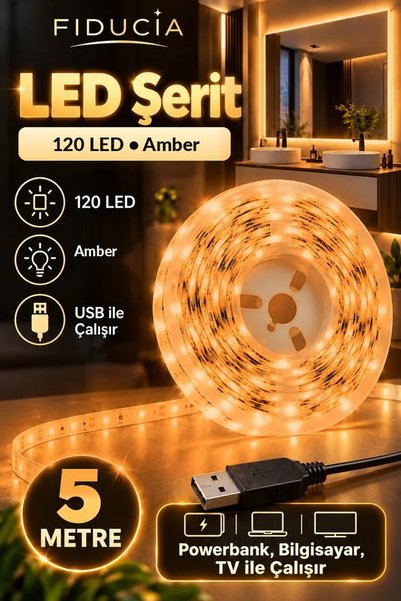 FIDUCIA 5 Metre 120 LED USB'li Amber Şerit LED Dekoratif Aydınlatma USB Giriş...