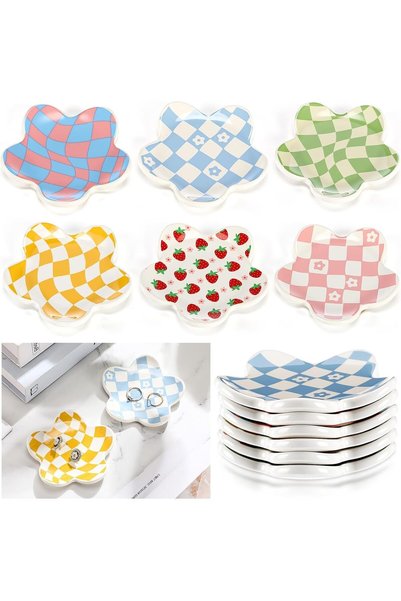 KASTWAVE 6-Pack Ceramic Trinket Dishes Small Checkered & Flower-Shaped Jewelr...