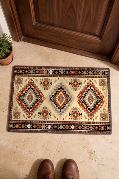 PaintedAnarchy Brown and Blue Geometric Patterned Turkish Rug-Patterned Doorm...