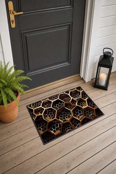 PaintedAnarchy Black Gold Geometric Patterned 940 Doormat, 40x60 cm, Non-Slip...