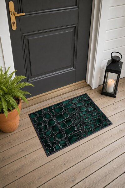 PaintedAnarchy Black and Green Shiny Crocodile-Patterned Doormat, 40x60 cm, w...