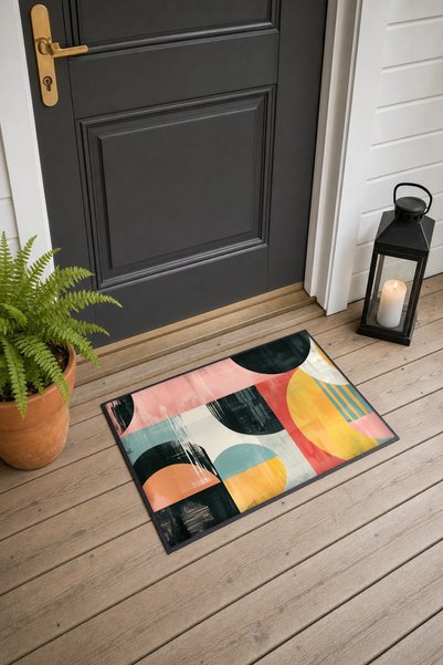 PaintedAnarchy Powder Black Retro Patterned Half-Circle Doormat, 40x60 cm, wi...