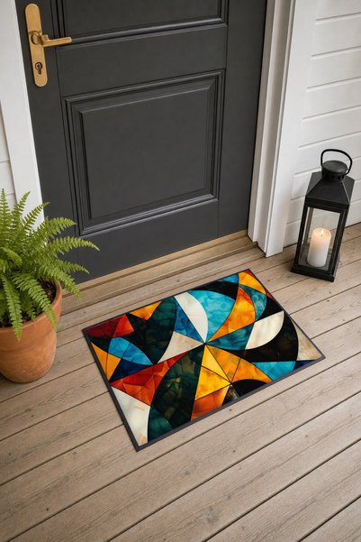 PaintedAnarchy Orange and Blue Geometric Patterned 886 Doormat, 40x60 cm, Non...
