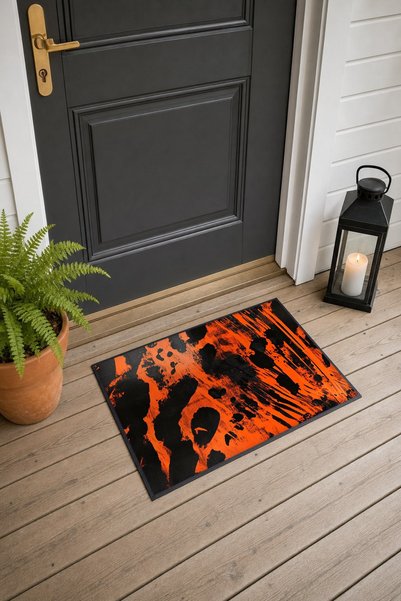 PaintedAnarchy Orange and Black Batik Print Leopard Doormat, 40x60 cm, with N...
