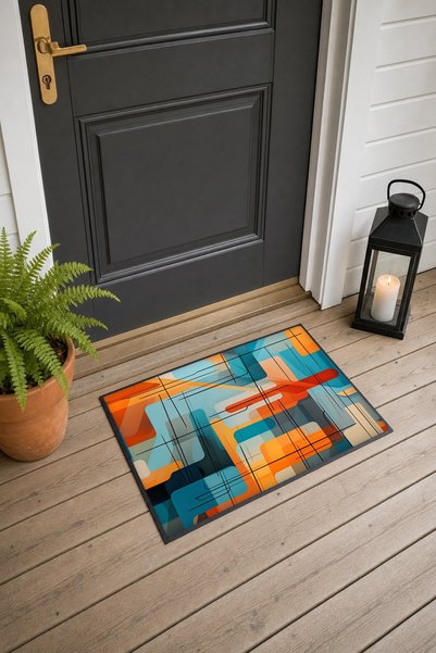 PaintedAnarchy Orange and Blue Abstract Patterned Doormat, 40x60 cm, with Non...