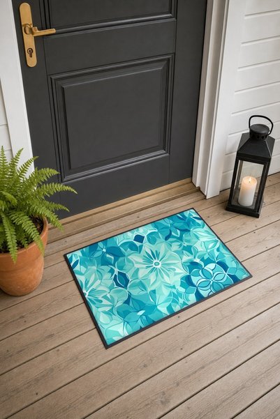 PaintedAnarchy Turquoise Crystal Kaleidoscope-Patterned Doormat, 40x60 cm, wi...