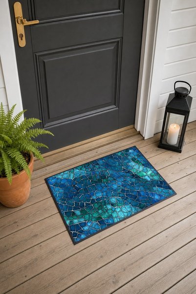 PaintedAnarchy Navy Blue and Turquoise Mosaic Wave-Patterned Doormat, 40x60 c...