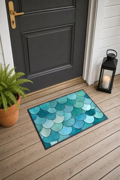 PaintedAnarchy Aqua Green Fish-Scale Patterned Doormat, 40x60 cm, with Non-Sl...